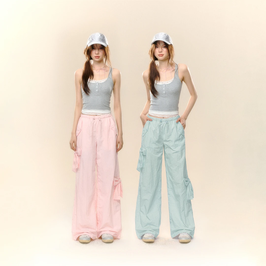 AsGony甜美工装空气感立体蝴蝶结抽绳宽松直筒休闲裤