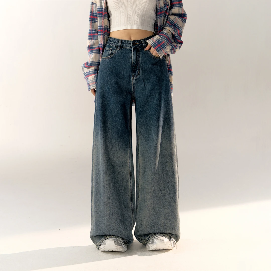 AsGony 复古渐变宽松高腰阔腿牛仔裤女秋季百搭休闲显瘦直筒长裤