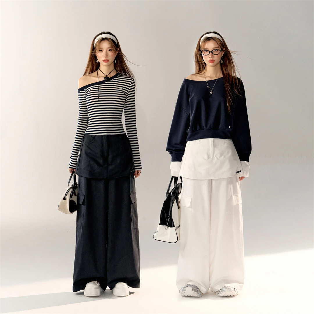 AsGony 美式假两件叠穿屁帘工装裤女秋设计感百搭遮跨阔腿休闲裤