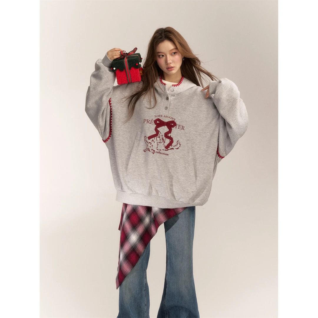 AsGony 立体蝴蝶结撞色连帽卫衣外套女韩系宽松休闲百搭长袖上衣