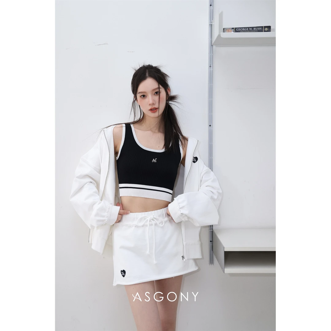 AsGony字母刺绣针织背心女春夏款小个子撞色基础百搭外穿无袖上衣