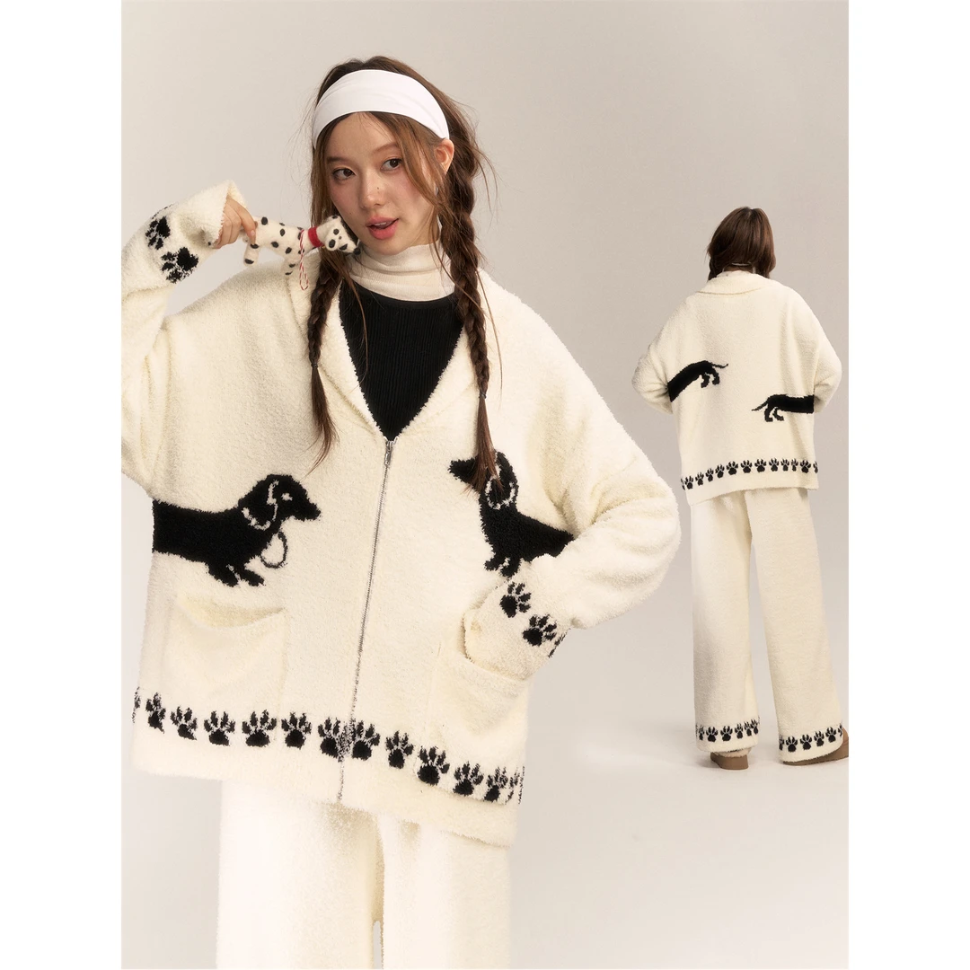 AsGony腊肠狗提花翻领软糯毛巾绒开衫居家外套