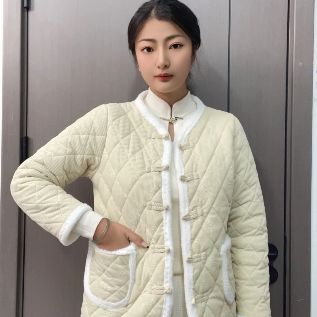 2024新款爆品小香风仿兔毛新中式国风手工盘扣棉衣棉袄加绒加厚
