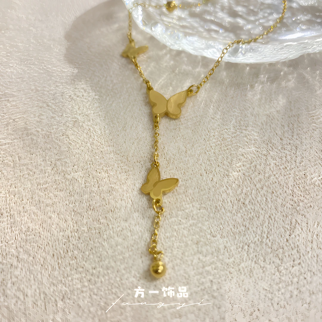 钛钢项链 气质流苏蝴蝶项链 中古vintage轻奢时尚金色百搭精致ins