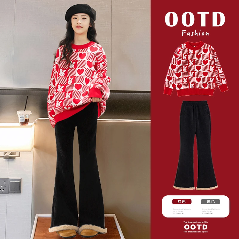 女童秋冬套装新款洋气新年衣服儿童红色洋气冬装女孩大童加厚显瘦