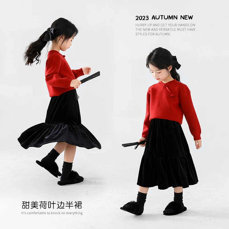 女童裙子半身裙秋冬丝绒长裙洋气女孩中长款2025红色冬季儿童半裙