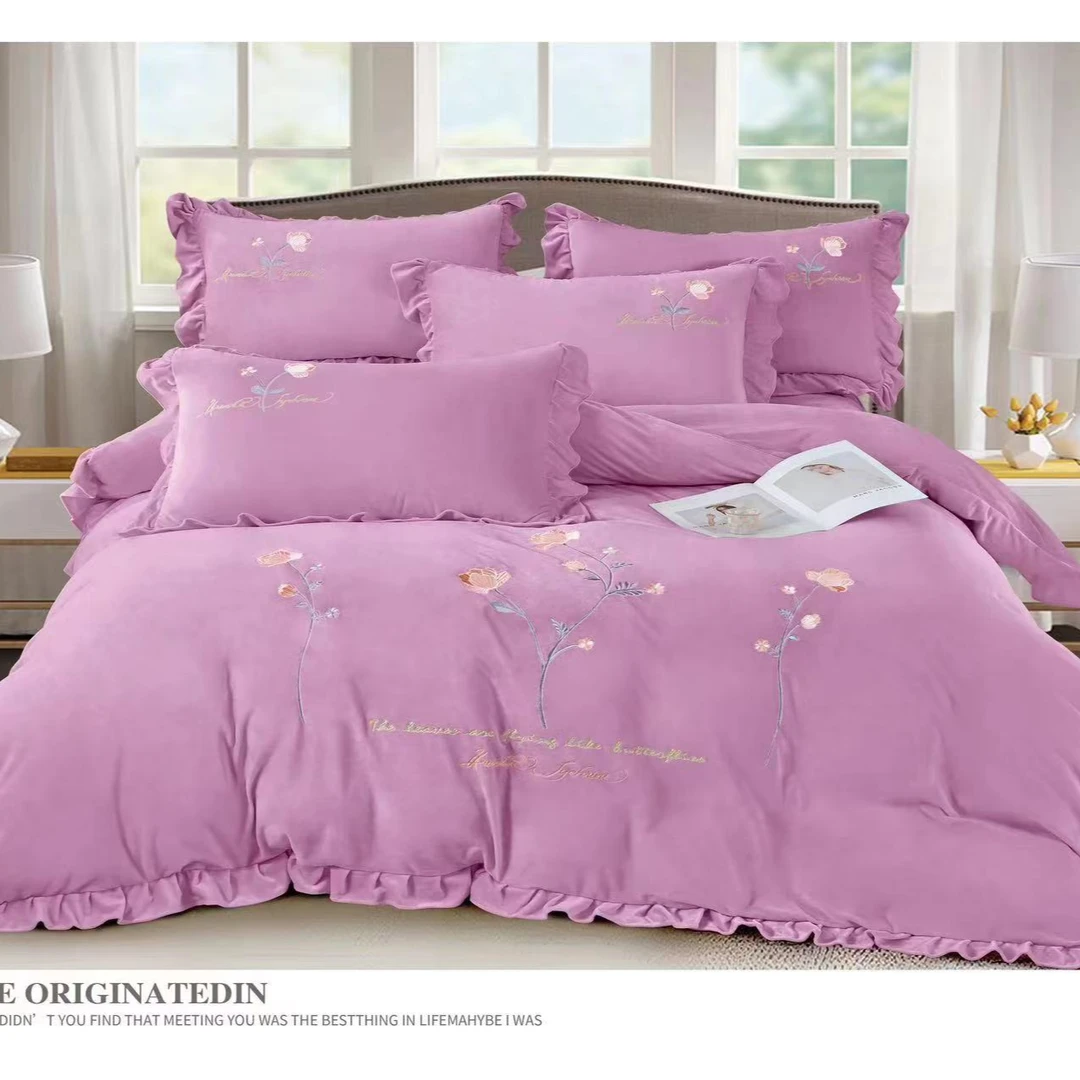 宝宝绒床裙款玫瑰刺绣四件套-花语