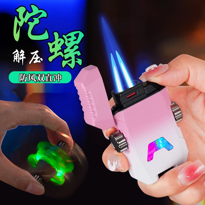 高颜值创意陀螺科技感透明可视仓炫酷闪灯防风打火机高档男士解压