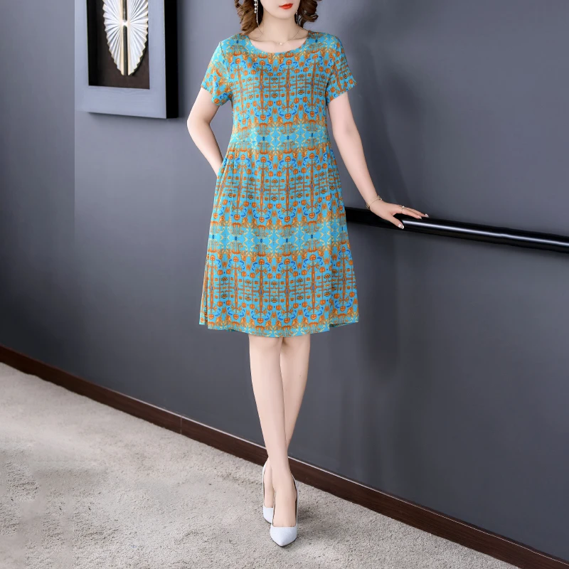 棉绸短袖连衣裙女夏新款时尚宽松显瘦居家外穿减龄遮肚中长款裙子