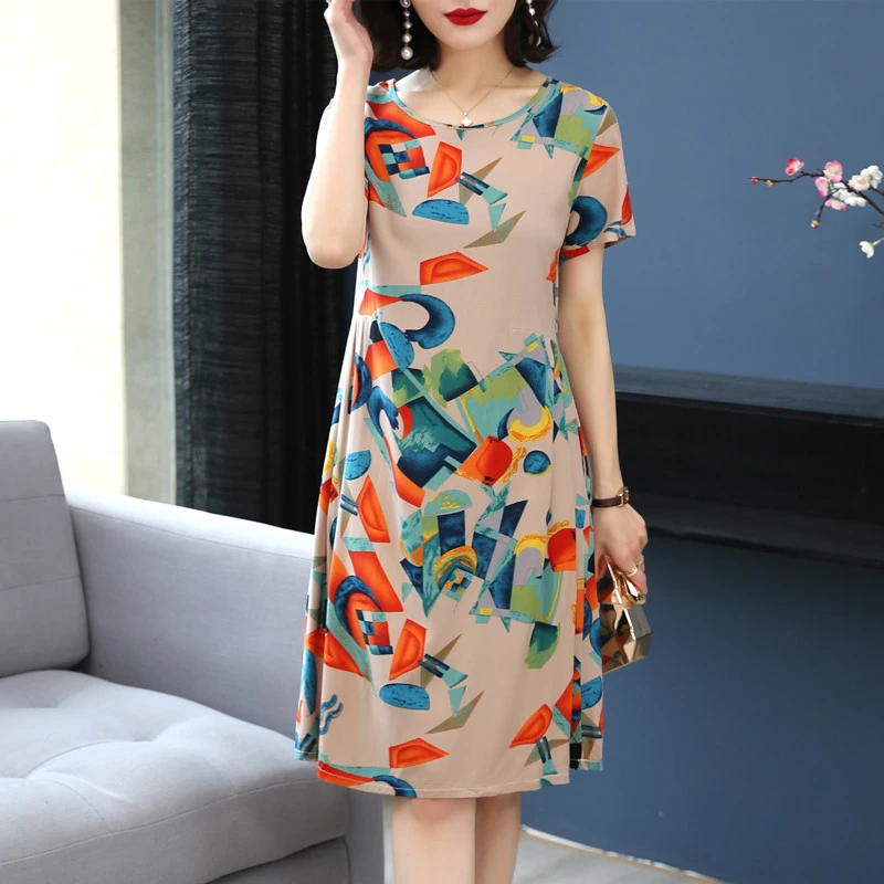 棉绸短袖连衣裙女夏新款洋气时尚宽松显瘦居家外穿过膝中长款裙子