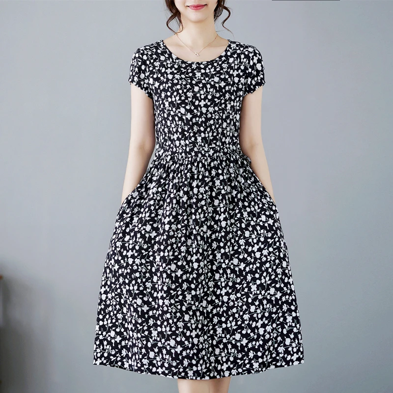 棉绸短袖连衣裙女夏新款时尚宽松显瘦系带收腰过膝中长款碎花裙子