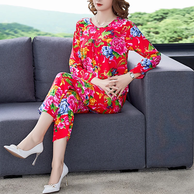 棉绸长袖套装女春秋季新款洋气东北大花时尚宽松显瘦阔腿裤两件套