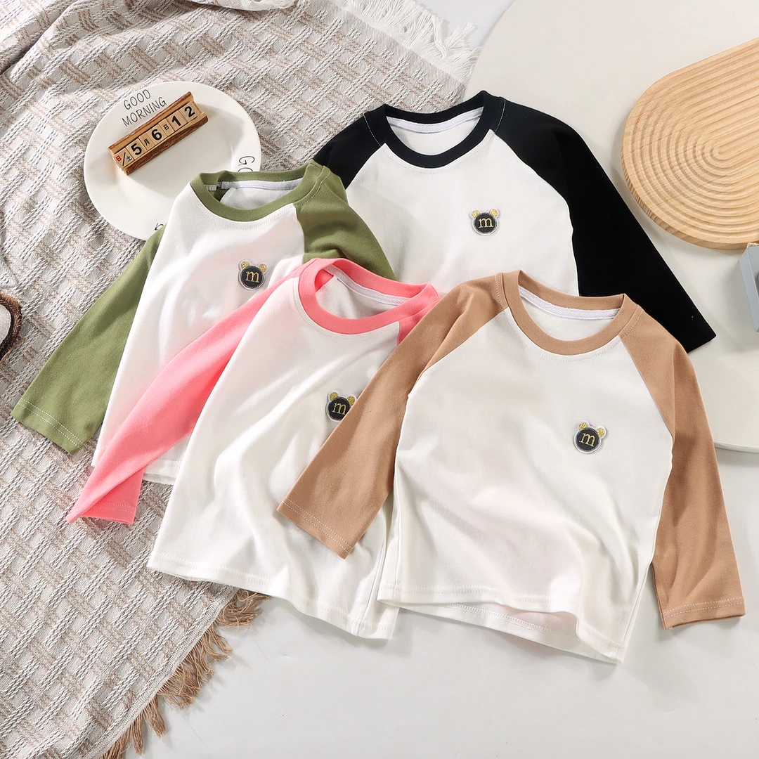 亭子家儿童秋季新款插肩宝宝时尚洋气圆领T恤男女童拼接打底长袖