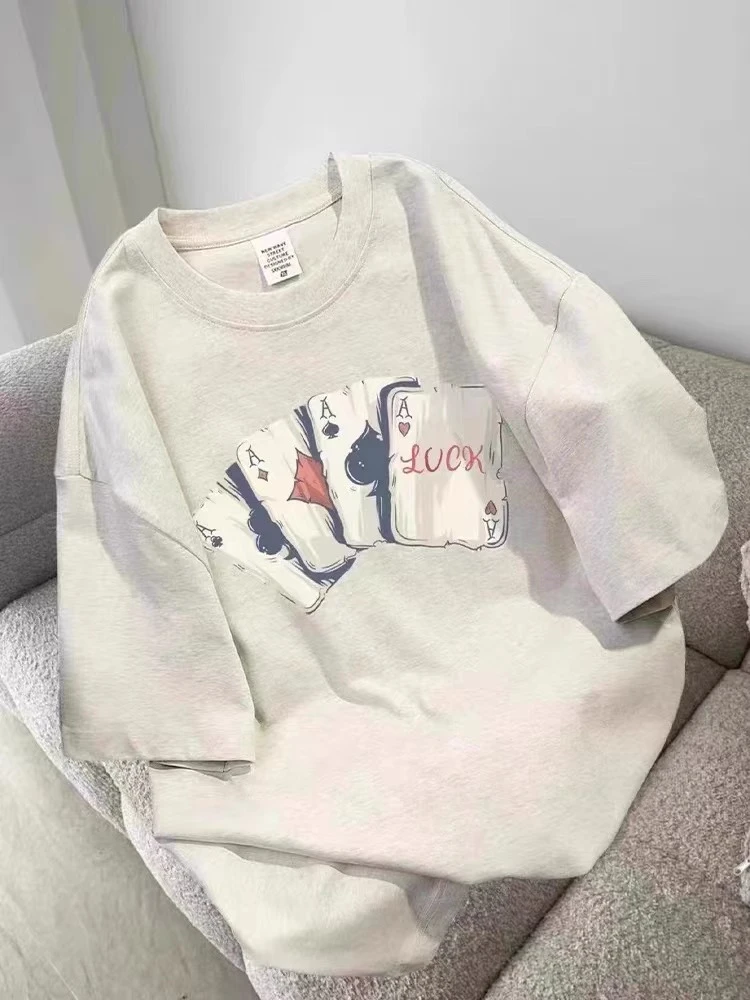 特大码300斤夏季炸街痞帅扑克牌印花短袖T恤男士宽松情侣休闲上衣