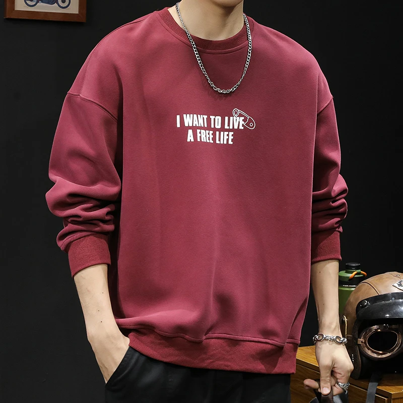 特大码300斤潮牌重磅卫衣男士秋冬款圆领酒红色衣服2024新款长袖