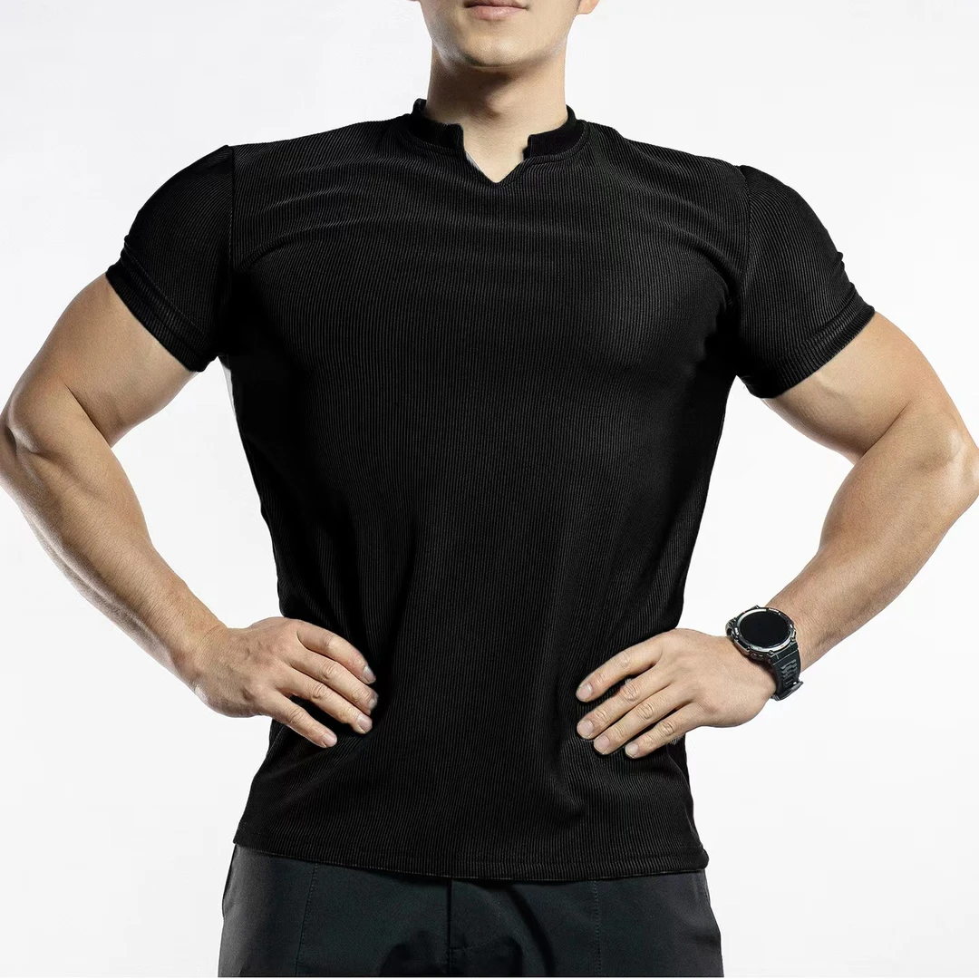 夏季新款肌肉健身短袖男肌理纹重磅T恤透气速干高弹圆领运动T恤男