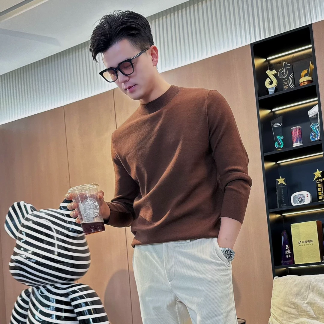 男士休闲打底衫中高领纯色针织衫百搭简约秋冬毛衣内搭