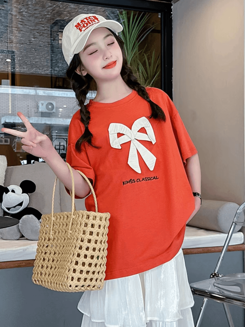 405428《现》小涵家玲姐韩版儿童休闲日常夏款百搭日常蝴蝶结短袖