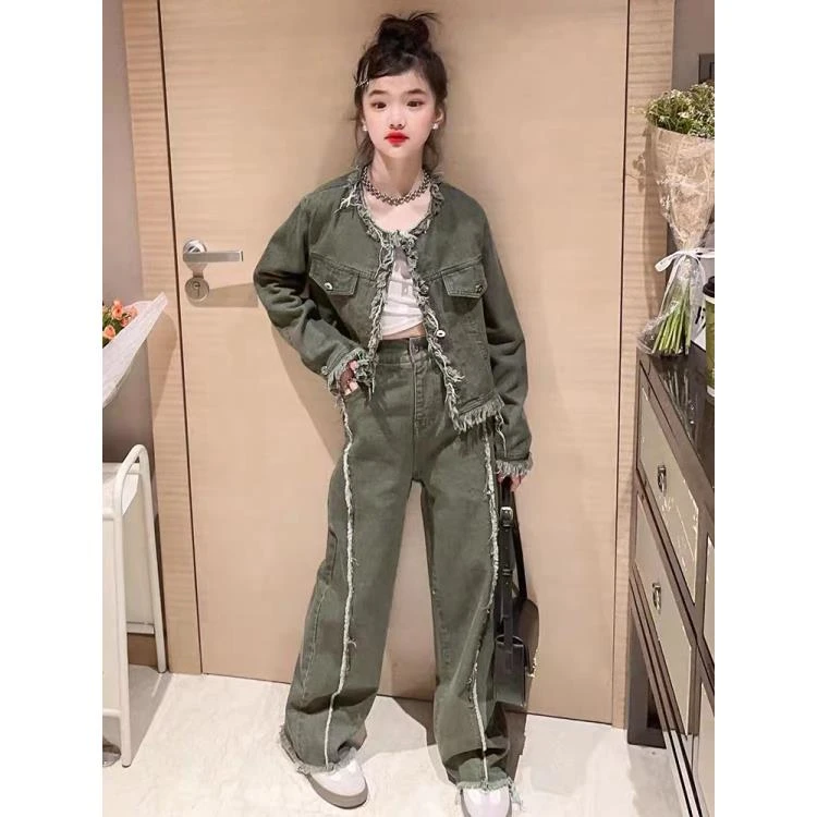 309364《现》小涵家儿童韩版休闲舒适时尚日常百搭纯色牛仔套装