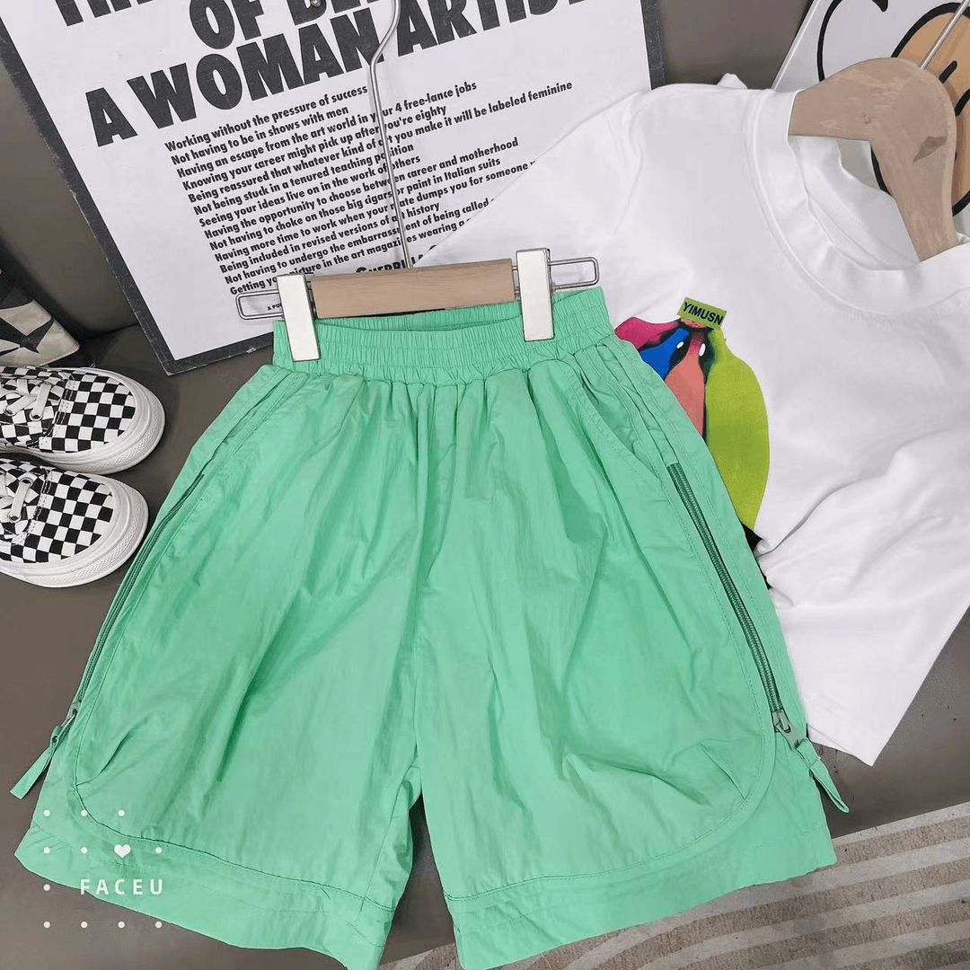 406052《绿》小涵家玲姐潮流时尚男女童休闲百搭舒适五分速干中裤