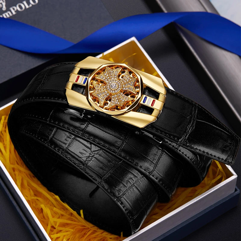 英皇保罗新款男士真皮腰带时尚个性镶钻转盘自动扣纯牛皮裤腰带