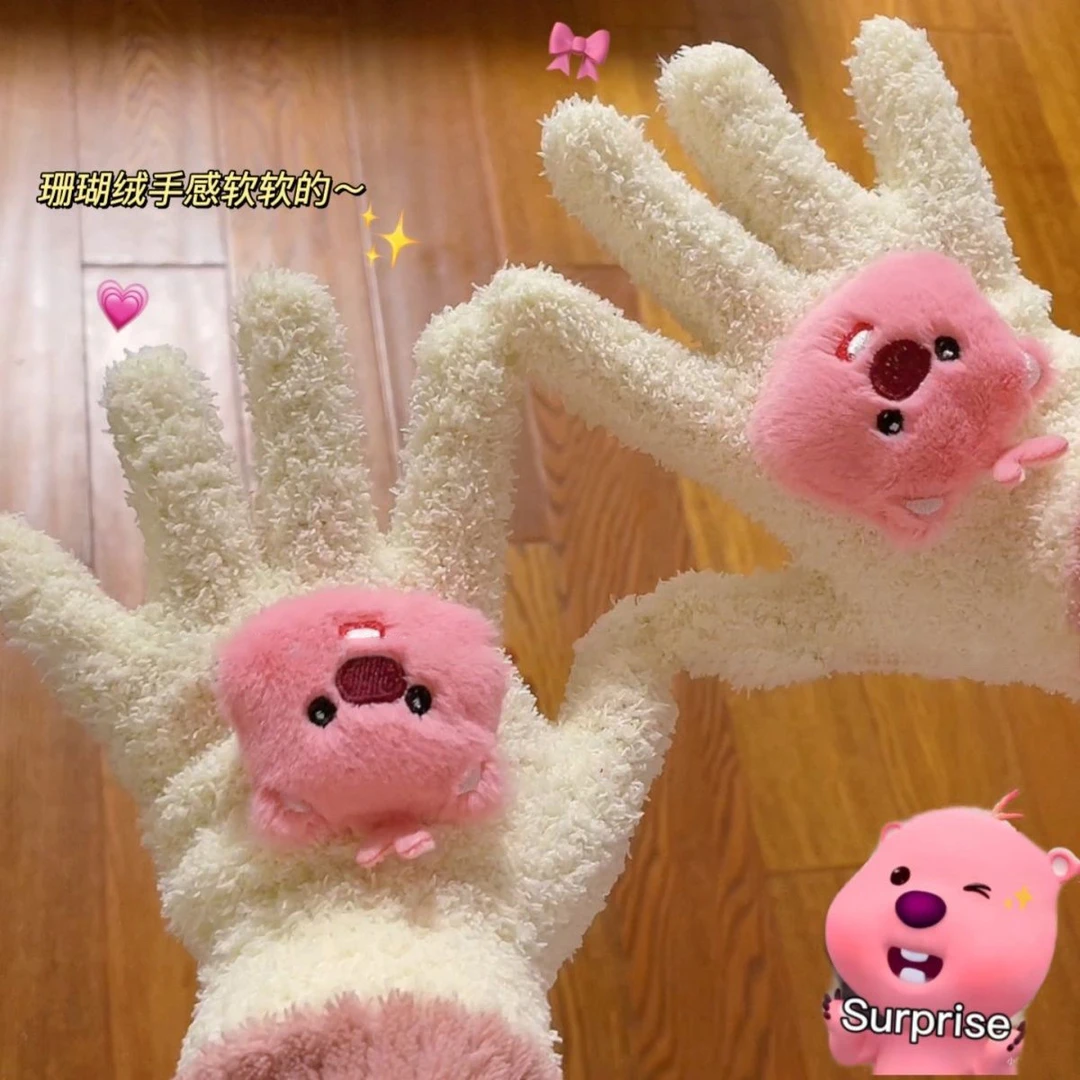 新款可爱小海狸loopy毛绒手套珊瑚绒学生骑行分指手套女冬季保暖