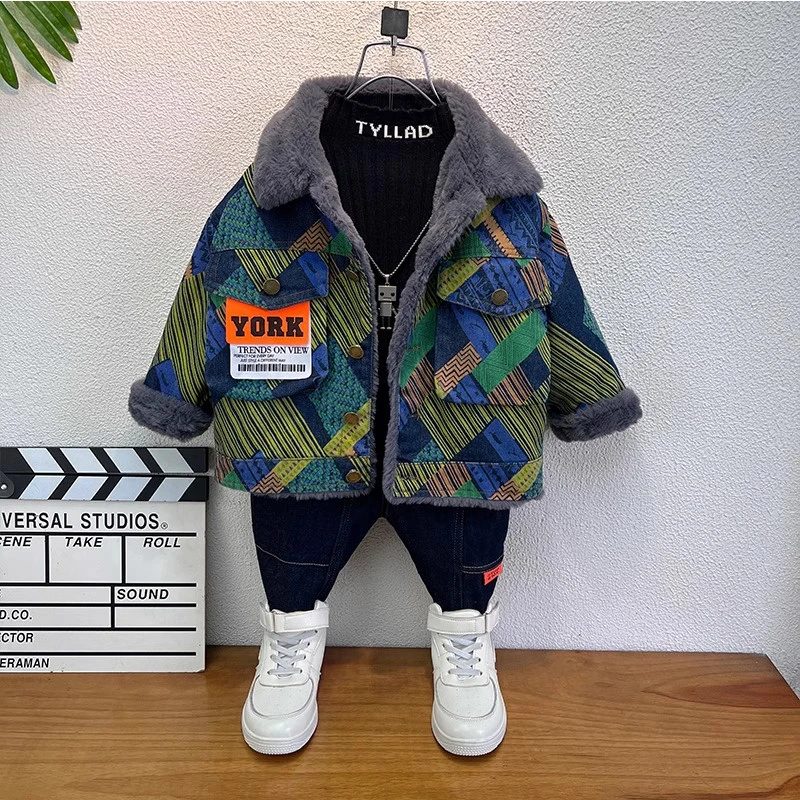 酷儿童冬装加绒牛仔外套男童装冬季加厚衣服宝宝冬款夹棉上衣潮
