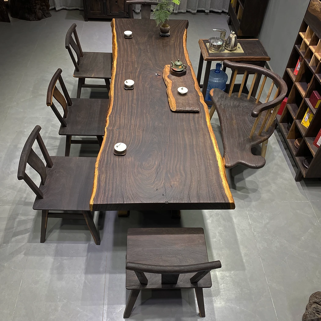 不包邮精品冲砂化纤侘寂风黑檀实木大板桌260*89-91*8cm送脚架