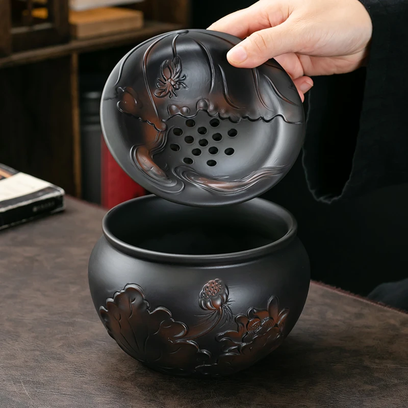 茶道复古水盂茶洗茶渣分离废水缸家用大号粗陶过滤茶水茶道茶渣缸