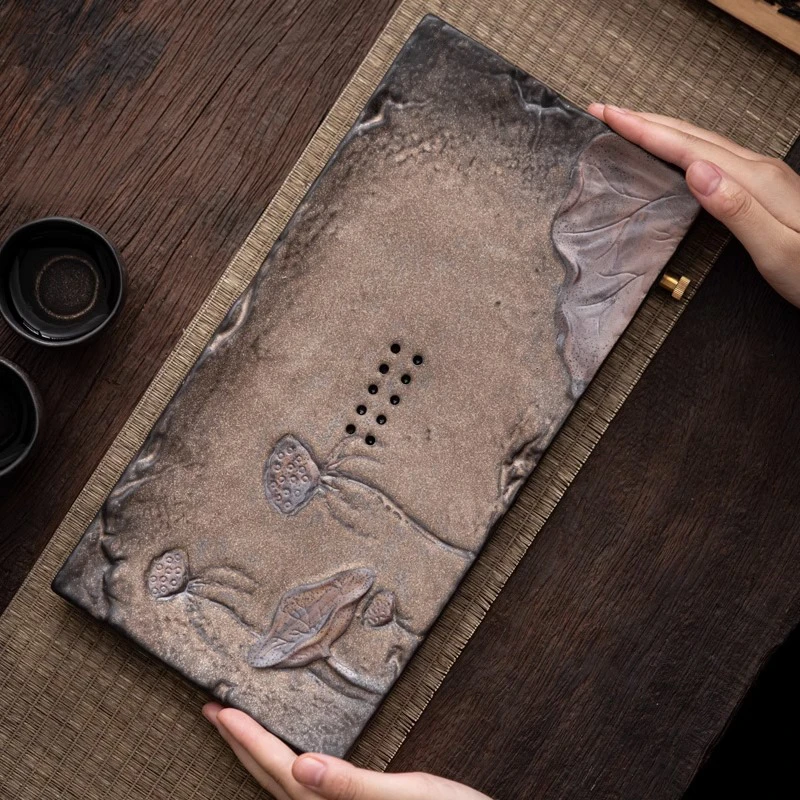 粗陶鎏金壶承陶瓷干泡台排水储水茶盘日式复古托盘茶具茶托茶台