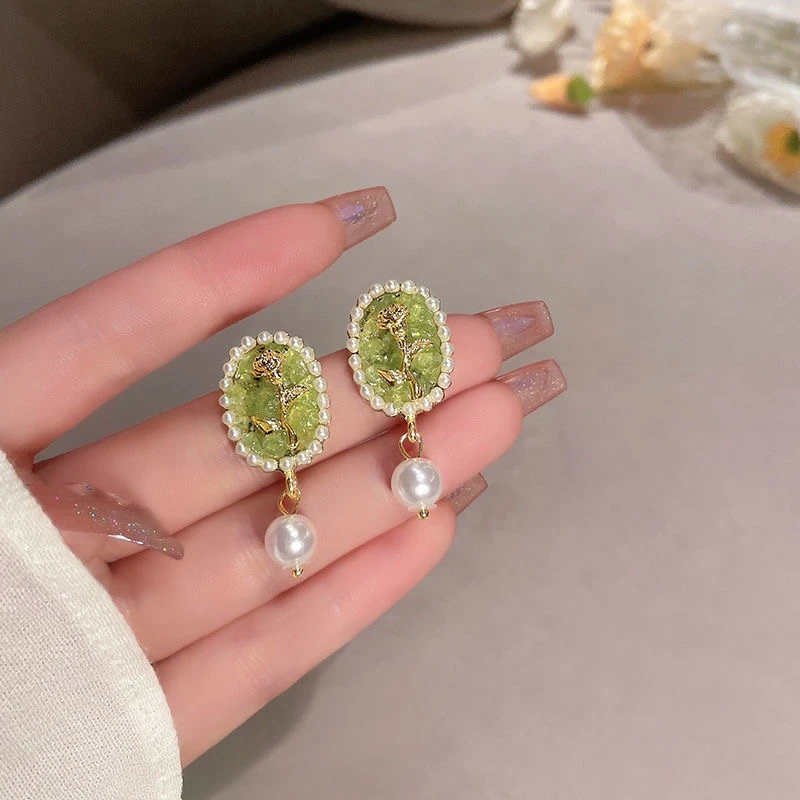 铜合金耳饰 【绿萝】复古法式绿珠珠吊坠 A145