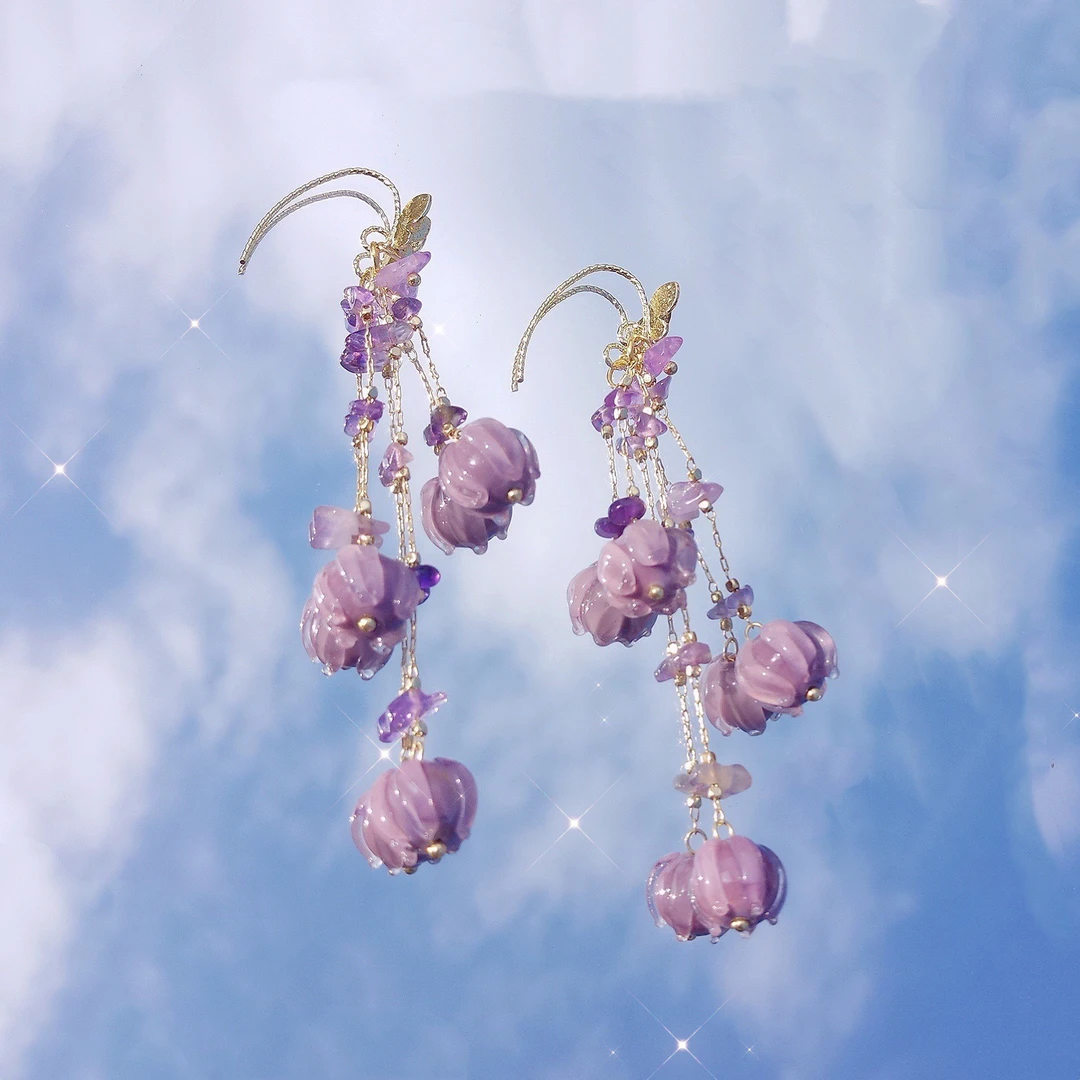 铜合金耳饰 【开到荼靡】紫藤超仙小众复古流苏 B26