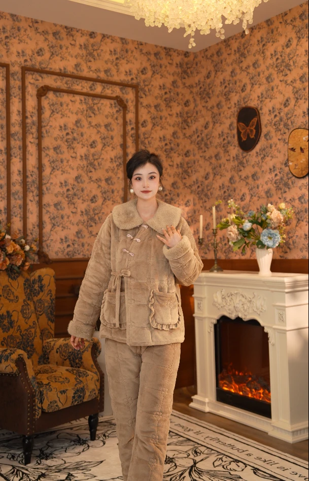 【浅金驼●短款】女士家居服睡衣秋冬2024新款女款套装加厚保暖