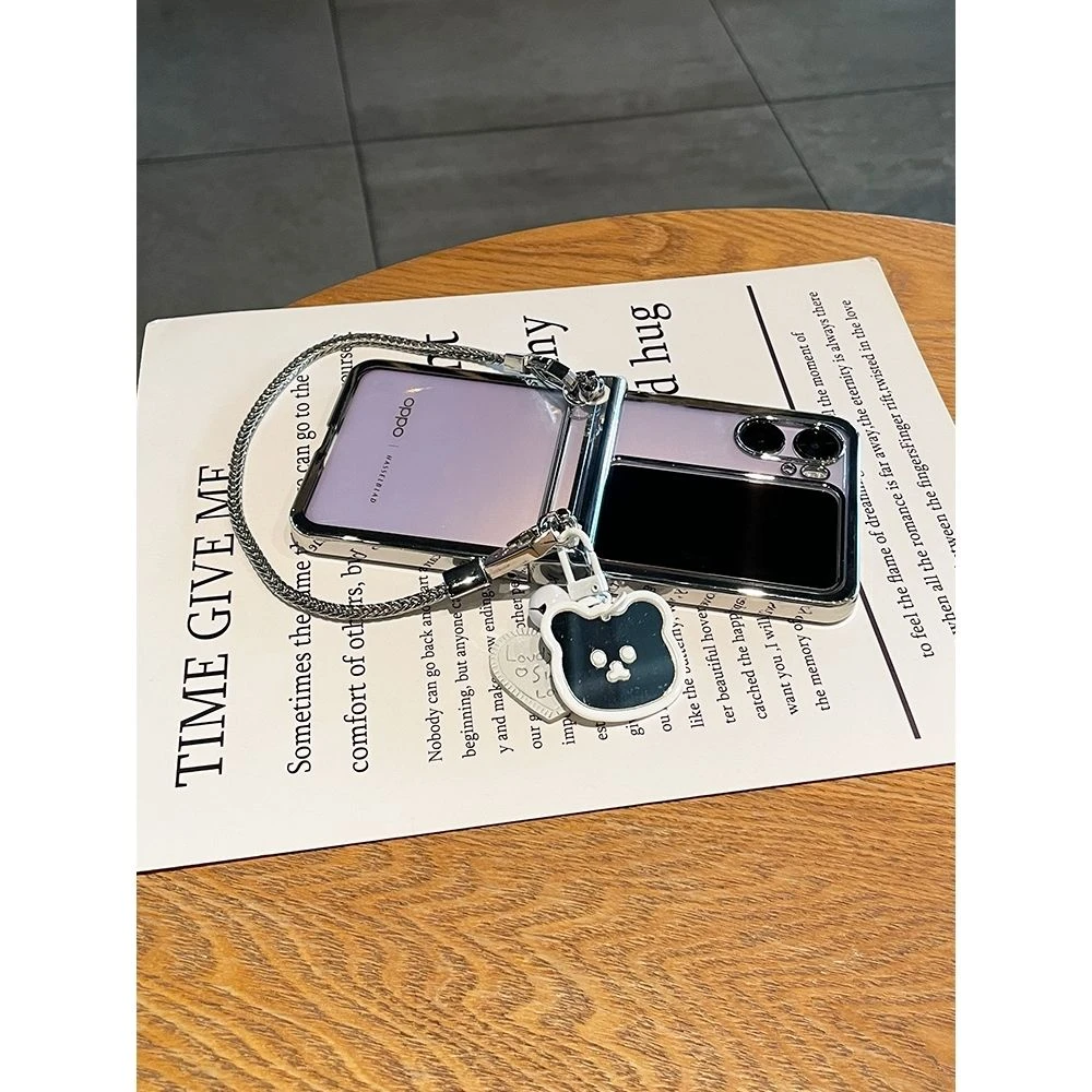 镜面小熊挂链oppofindn2flip手机壳电镀银边透明折叠find n2flip