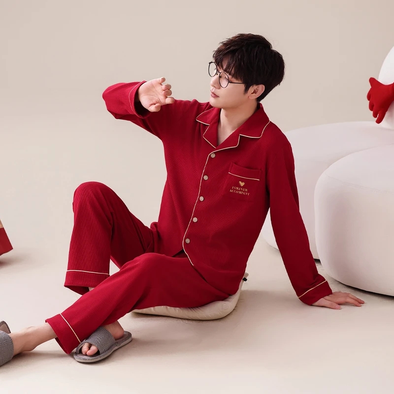 春秋季睡衣男100%纯棉大红色结婚喜庆套装长袖舒适本命年家居服