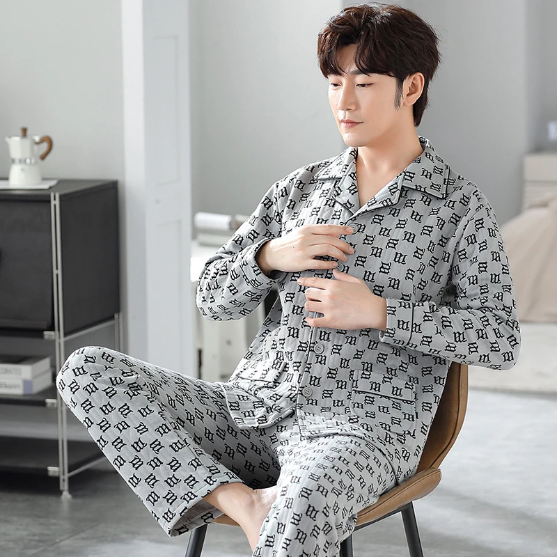 秋冬季男士纯棉夹层睡衣长袖长裤薄款夹棉可外穿家居服开衫两件套