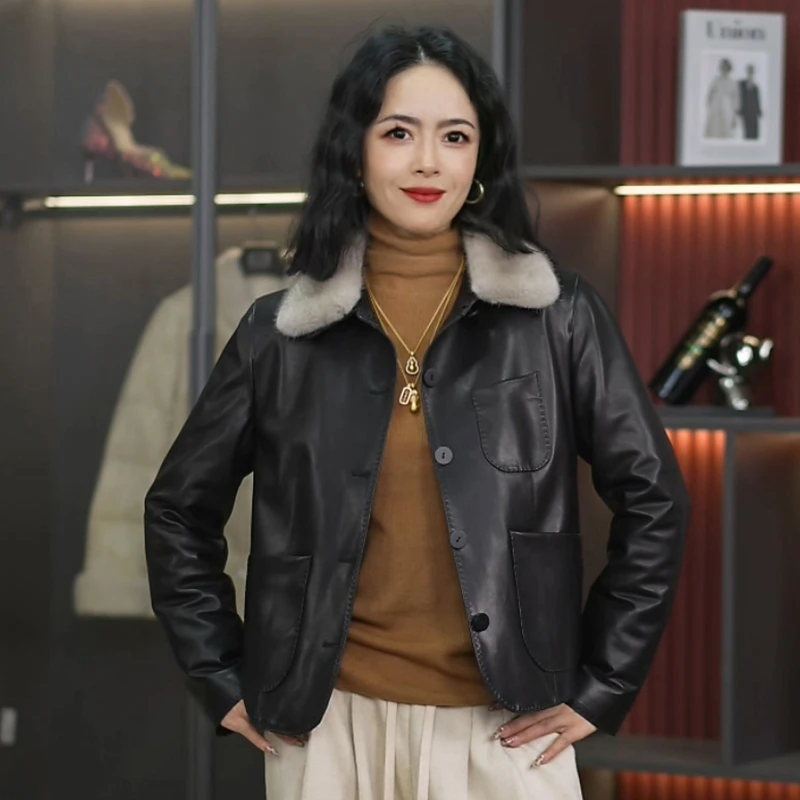 2025新款海宁夹克水貂毛领保暖绒毛皮衣女真皮简约休闲女外套