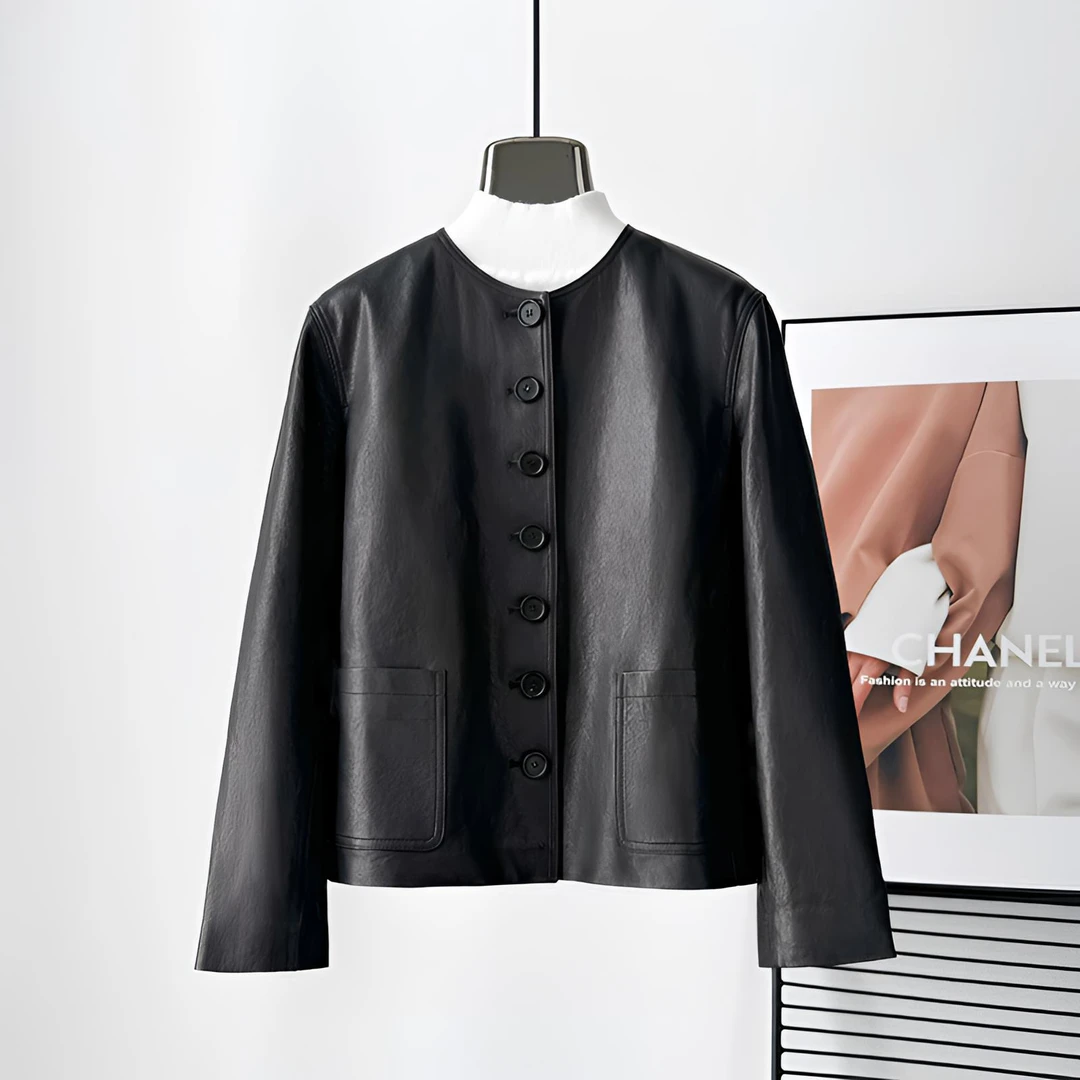 玖若百搭小香风气质圆领皮衣女真皮简约休闲皮衣女外套