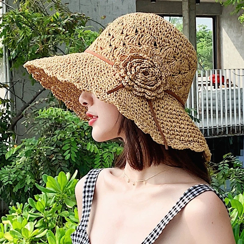 花朵草编帽夏季沙滩2439132可折叠防晒大檐海边度假太阳帽编织遮