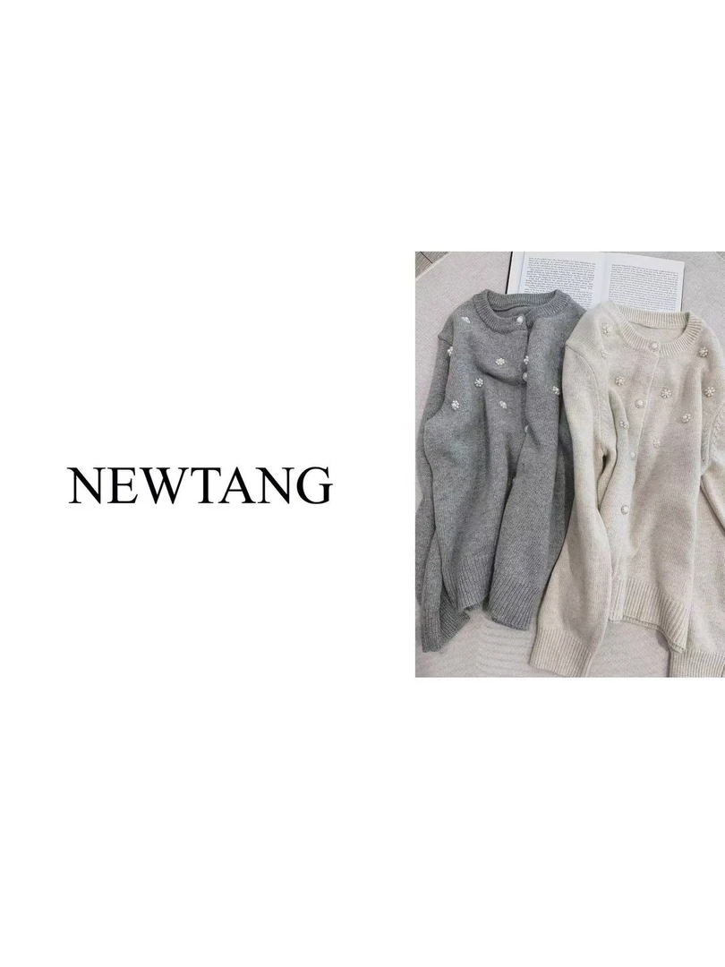 【珠花】039韩系氛围感针织开衫优雅毛衣慵懒   灰色米色