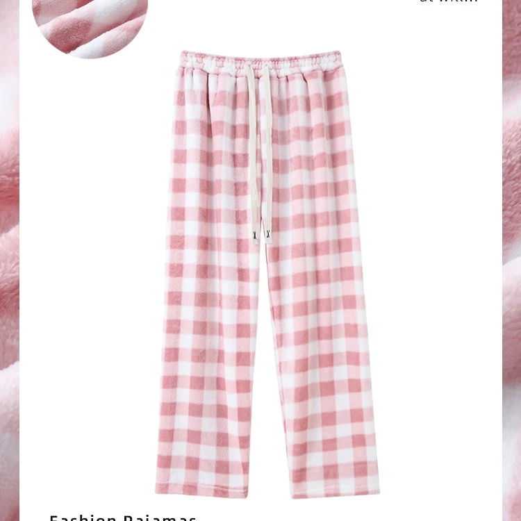 珊瑚绒加厚女款睡裤简约甜美格子保暖暖裤秋冬季日系法兰绒家居裤