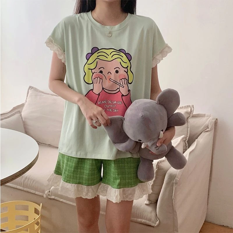女孩短袖短裤纯棉薄款夏季花边甜美格子睡衣女士ins家居服