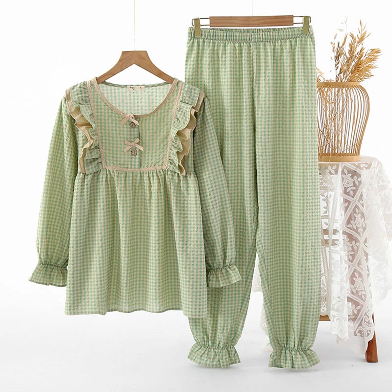 泡泡纱睡衣女九分袖长裤春秋季款纱布格子花边少女可爱夏天家居服