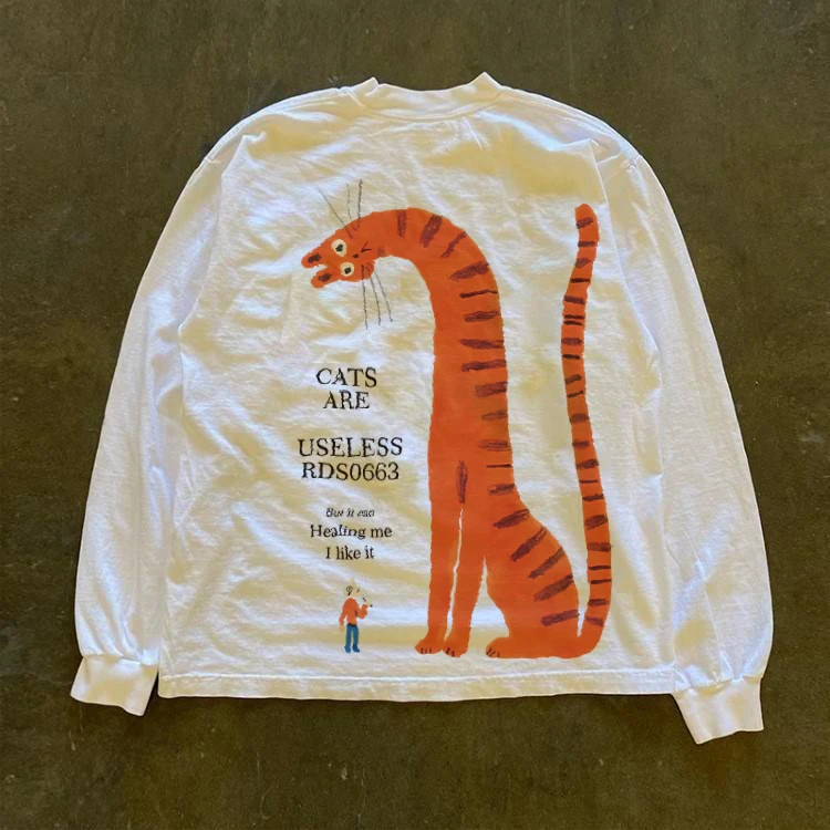 100%纯棉260克重磅美式复古惊吓猫猫圆领长袖男时尚休闲情侣ins
