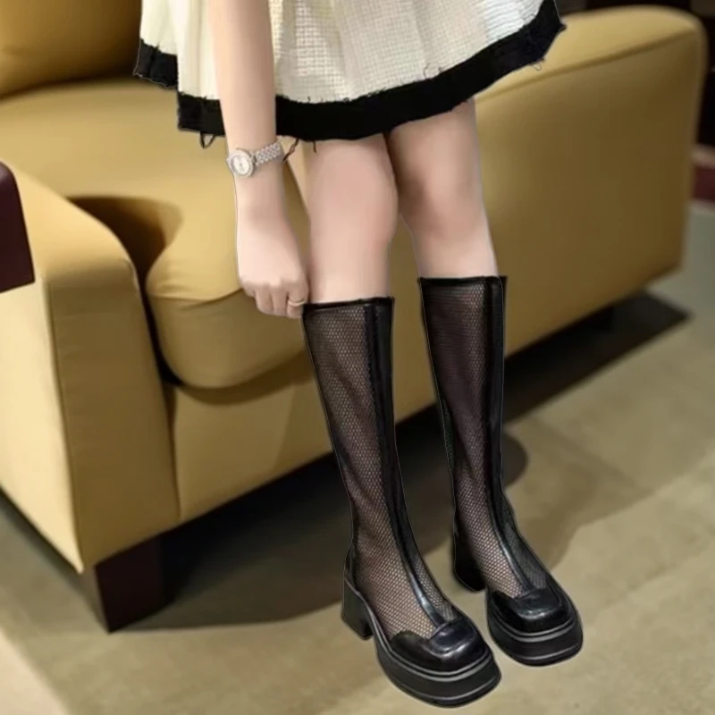 9003女鞋厚底高筒靴夏季镂空骑士网靴长筒中粗跟透气断码处理网靴