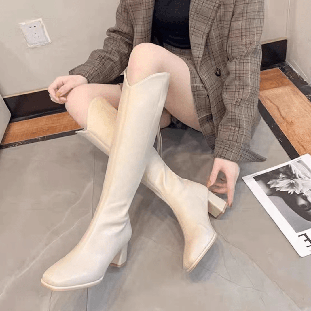 2288加绒皮靴断码处理时尚百搭高跟长筒冬季骑士粗跟黑色白色秋冬