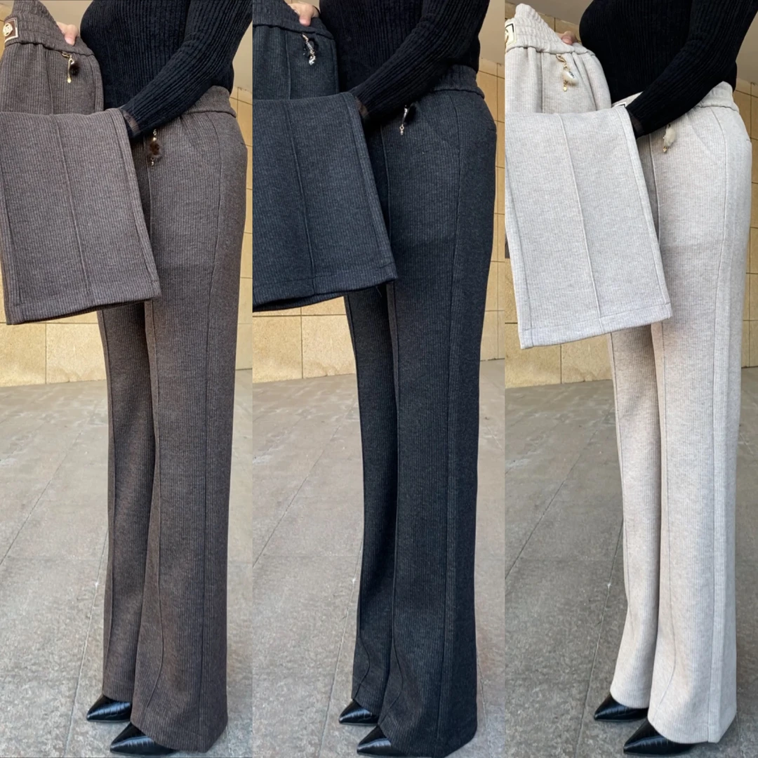 8861冬季加厚毛呢微喇裤女裤高腰垂感显瘦时尚百搭垂感微喇阔腿裤