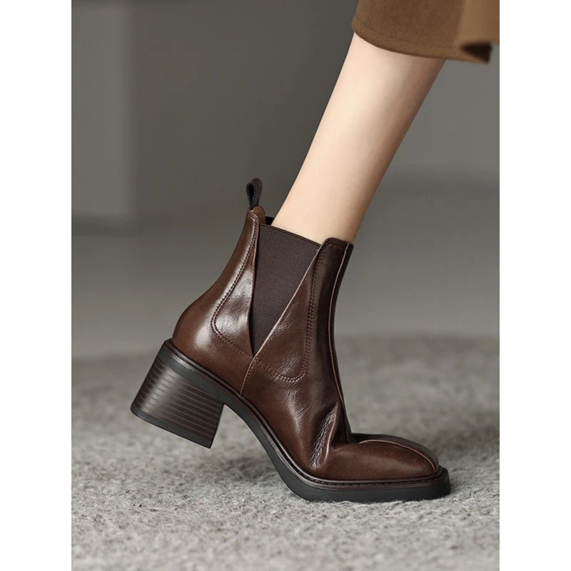 切尔西短靴女2025新款秋冬季女靴真皮马丁靴烟筒靴粗跟百搭高跟鞋