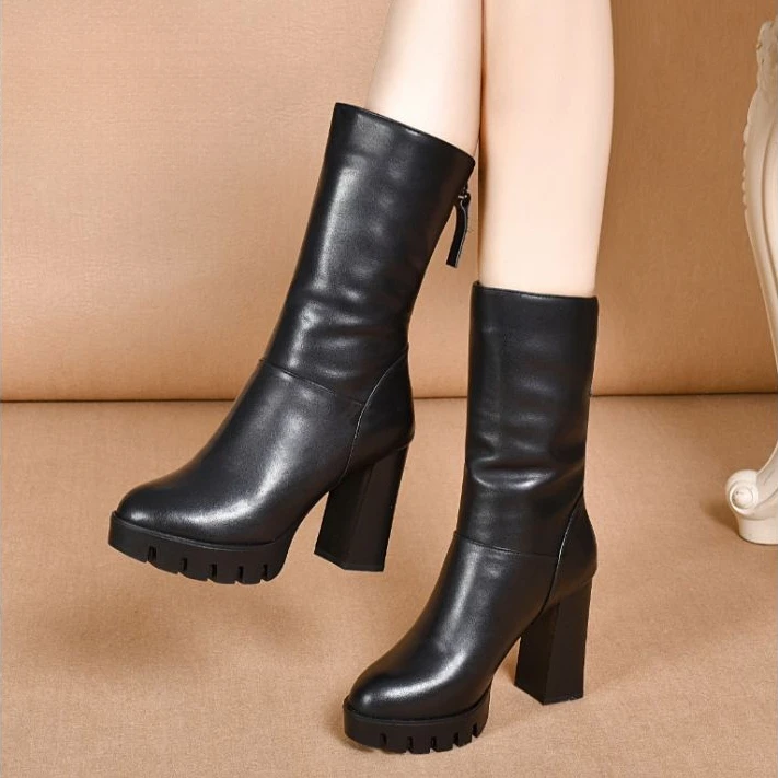 高档爆款中筒靴女2025秋冬季新款超高跟防水台皮靴女士真皮马丁靴