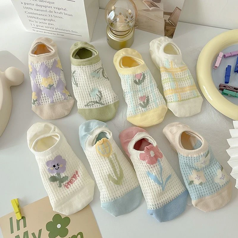 郁金香花朵镂空网眼袜子女短袜子夏季薄款日系可爱隐形船袜女防滑